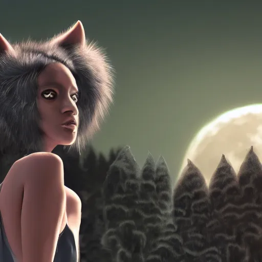 Image similar to female werewolf at night with black realistic fur, under the moon, ultra detail, anime style, 8 k