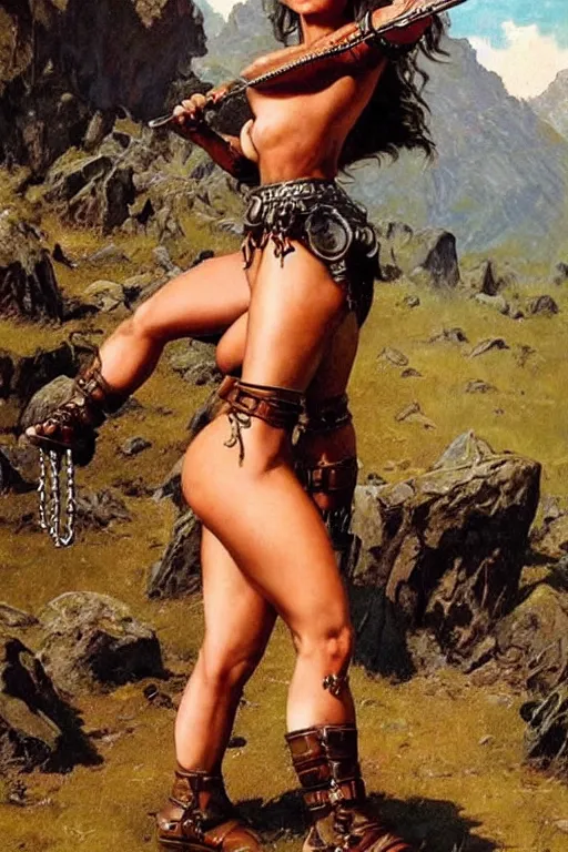 Image similar to A very big and strong barbarian woman wearing leather armor and chainmail in the mountains | menacing | powerful broad robust body | Frank Frazetta