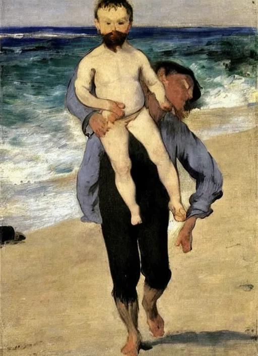 Image similar to a clothed man carrying his child over his shoulders walking near the beach, anatomically correct, painting by manet, masterpiece