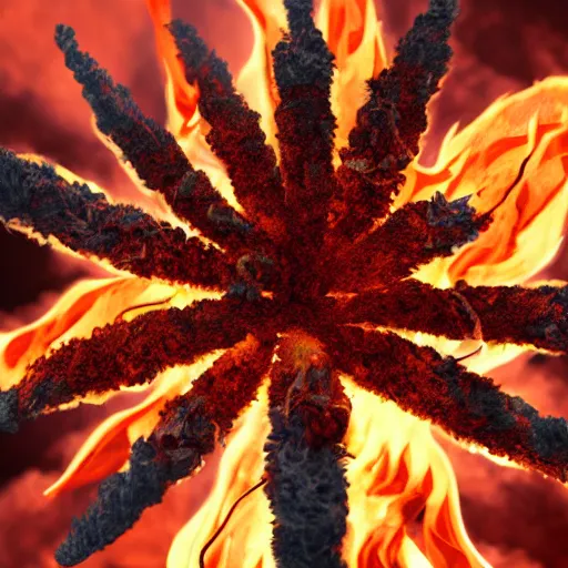 Prompt: exploding weed, fire, explosions, marijuana, fire, explosion render, 8k, trending on art station, 3D