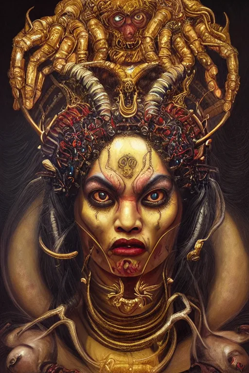 Prompt: hyper realistic painting portrait of kali ma, occult diagram, elaborate details, detailed face, intrincate ornaments, gold decoration, occult art, oil painting, art noveau, in the style of roberto ferri, gustav moreau, david kassan, bussiere, saturno butto, boris vallejo