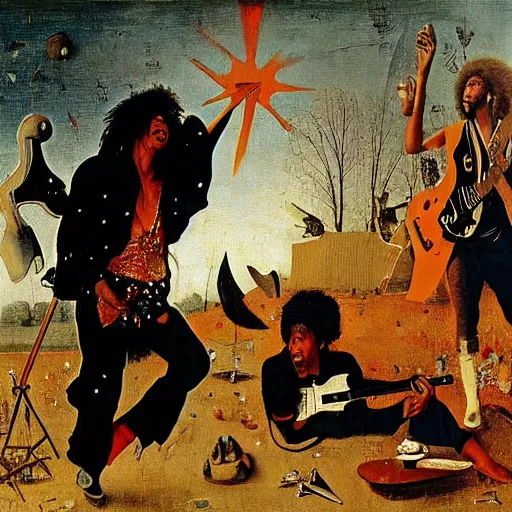 Image similar to jimy hendrix at woodstock by hieronymus bosch