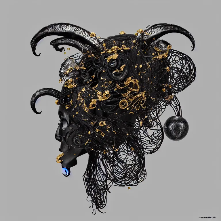 Image similar to black background. absolutely symmetrical sculpture. centered. goddess princess face close-up portrait ram skull. sculpture made of gold and black charcoal. jellyfish phoenix head, nautilus, orchid, skull, betta fish, bioluminiscent creatures, intricate artwork by Tooth Wu and wlop and beeple. octane render, trending on artstation, greg rutkowski very coherent symmetrical artwork. cinematic, hyper realism, high detail, octane render, 8k