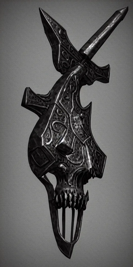 Prompt: a black and silver axe skull crest, ornament, weapon, render by dom qwe, trending on polycount, artstation, hard surface modeling