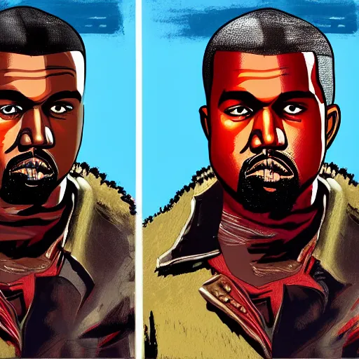 Image similar to portrait of kanye west in stephen bliss illustration red dead redemption 2 artwork of kanye west, in the style of red dead redemption 2 loading screen, by stephen bliss