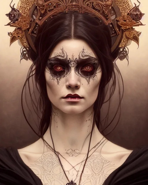 Image similar to portrait of a satanic witch, tattooed face, upper body, decorated, intricate, elegant, highly detailed, digital painting, artstation, concept art, smooth, sharp focus, illustration, art by artgerm and greg rutkowski and alphonse mucha, 8 k