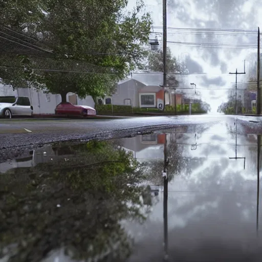 Prompt: still photo of rain puddles and reflections in an american village street, cloudy weather, highly detailed, photorealistic shot, bright studio setting, studio lighting, crisp quality and light reflections, unreal engine 5 quality render