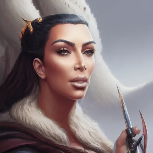 Image similar to kim kardashian, d & d, fantasy, portrait, highly detailed, digital painting, trending on artstation, concept art, sharp focus, illustration, art by artgerm and greg rutkowski and magali villeneuve