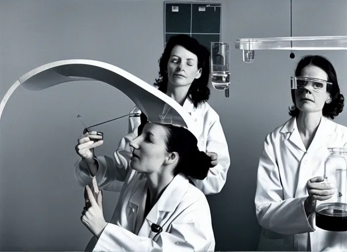 Image similar to realistic photo two female scientists doing an experiment with a cloud 1 9 9 0, life magazine reportage photo