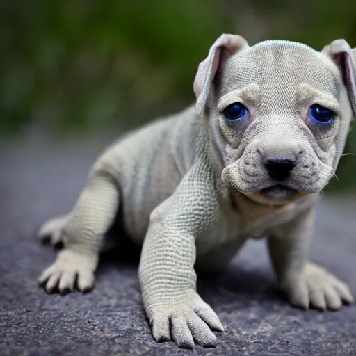 Prompt: photo of a reptilian puppy