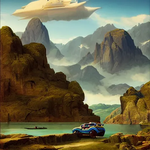 Prompt: a mountain lake landscape with futuristic vehicles in the style of Dr. Seuss, luxury, painting by Raphael Lacoste