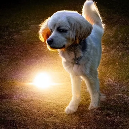 Prompt: the soul of a dead dog coming out of his body, mystical light lighting him up, magical dust