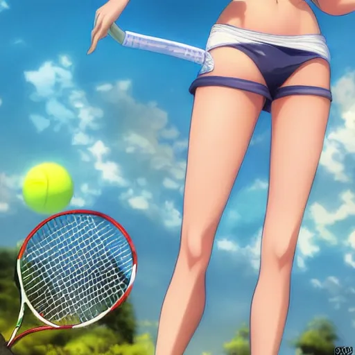 Image similar to full body shot : a very beautiful young blond tennis anime girl, most popular girl sky blue eyes,, bikini, miniskirt, highly detailed, cinematic wallpaper by stanley artgerm lau