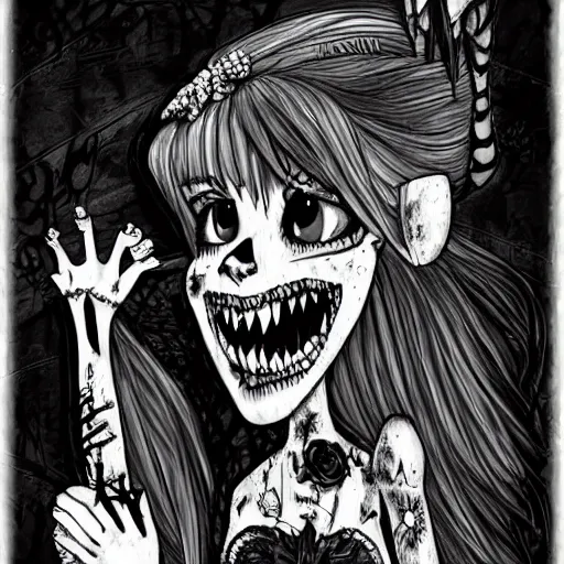 Prompt: grunge drawing of a cartoon furry creature with big bloody eyes and a wide smile by mrrevenge, corpse bride style, horror themed, detailed, elegant, intricate