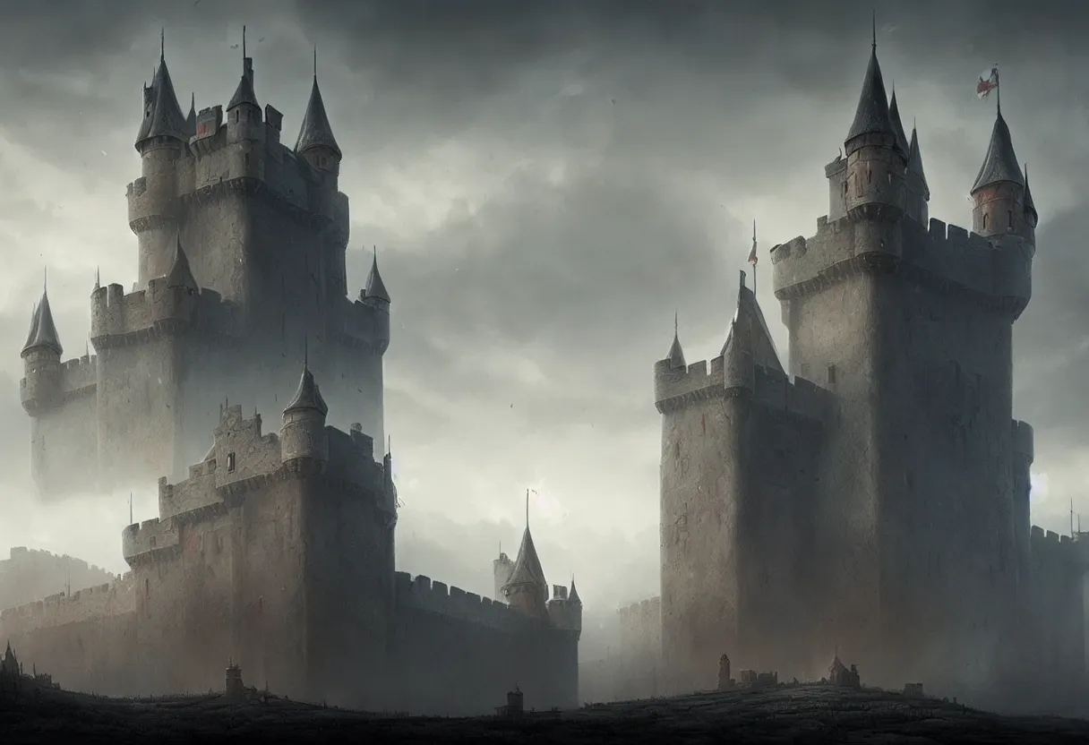 Image similar to castle with 3 0 years war, ultra high definition, ultra detailed, symmetry, fog, matte painting, by greg rutkowski and ross tran and wlop