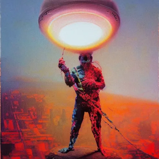 Image similar to rowdy roddy piper, art by beksinski and pauline baynes, trending on artstation, iridescent cool blue and cyan and red and blue and yellow and green lighting camera view from above surrealism, very very intricate, concept art, fisheye lens, situationist international