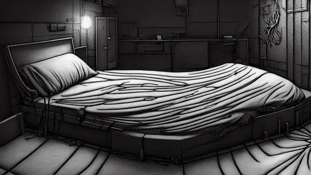 Image similar to comfortable bed that makes me want to sleep, hyperdetailed, artstation, cgsociety, style of Giger, H. R. GIGER, style of Junji Ito, 4K, highly detailed, minimalistic, minimalistic, minimalistic, fine tuned, machina