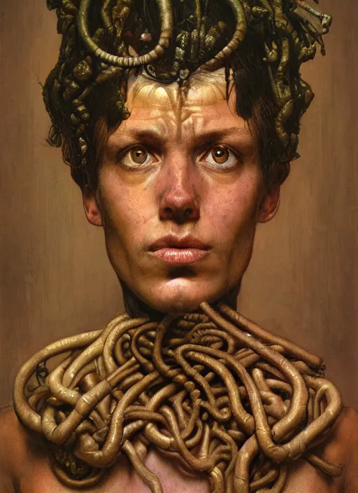 Image similar to upper body and head portrait of a gorgon in victorian living room, by lawrence alma-tadema and zdzislaw beksinski and norman rockwell and jack kirby and tom lovell and greg staples, artstation creature art