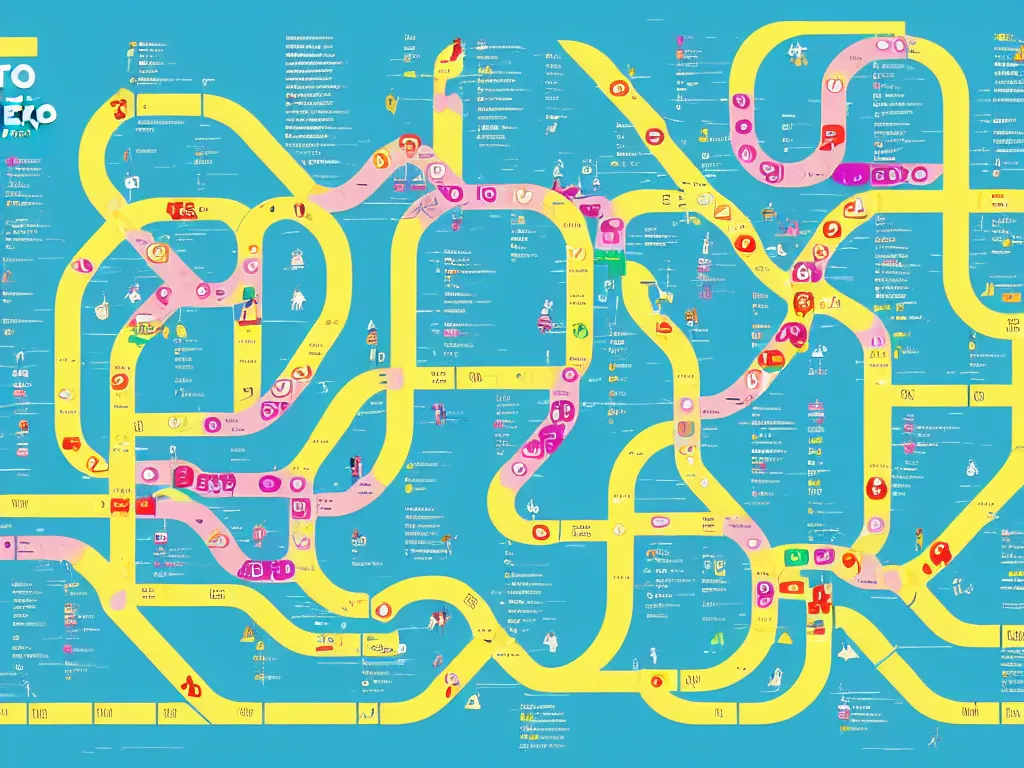 Image similar to a city metro map. the overall layout is akin to an octopus. illustration, infographic, stylised, clean, bold simple colours with legible and dyslexic friendly fonts.