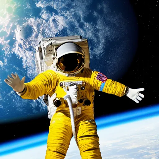 Image similar to astronaut in space, galactic background reflections on suit on one side and a yellow planet on the other side