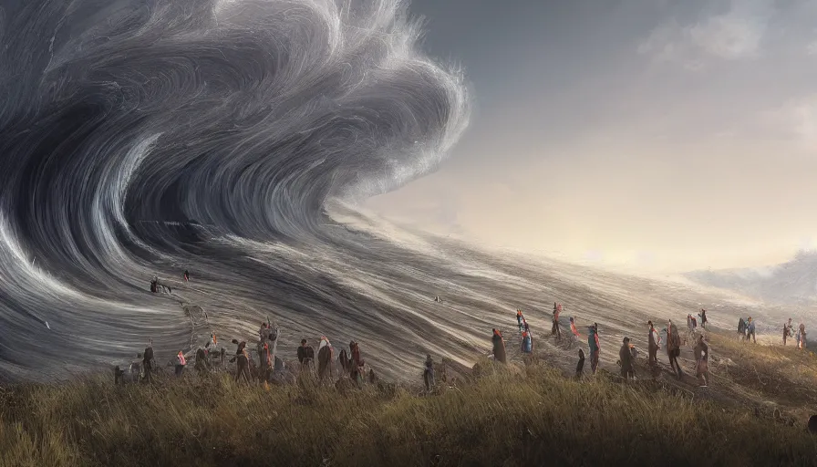 Image similar to people fleeing the hill a giant wave, wide view, hyperdetailed, artstation, cgsociety, 8 k
