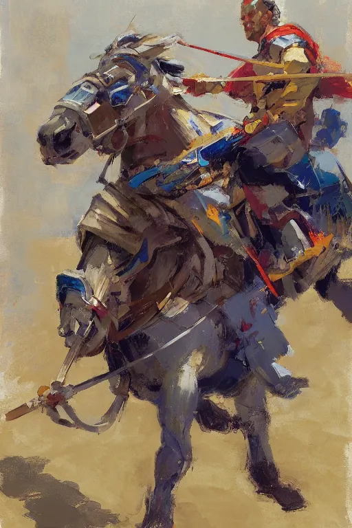 Image similar to close - up portrait of colorful rider pointing jousting lance at camera, caparisons, chainmail, by greg manchess, bernie fuchs, ruan jia, walter everett