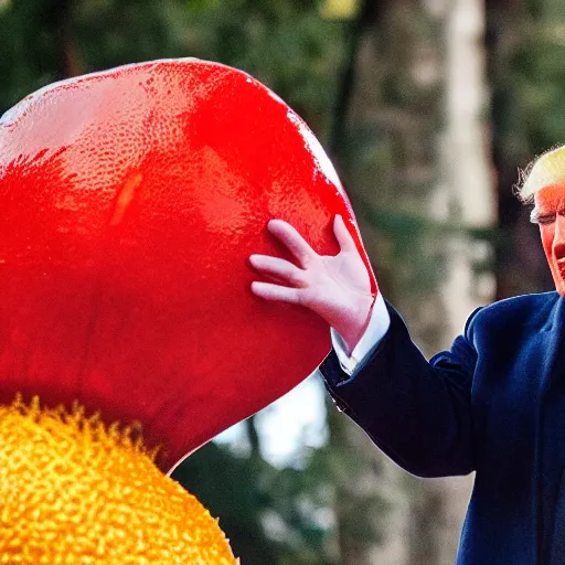 Image similar to portrait photo of Donald Trump finding a giant red mushroom, exhilarated, portrait, closeup. mouth open, 30mm, bokeh