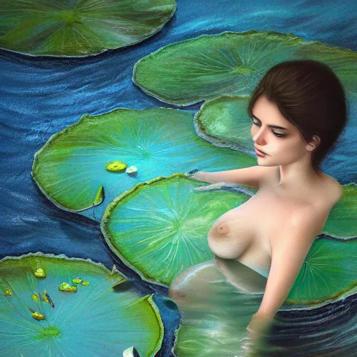 Image similar to A woman submerged underwater, you can see her face from an aerial view with lily pads surrounding her, artistic digital art, very opaque, gloomy style, oil paints and pastel highlights, trending on artstation, artstationHD, artstationHQ, 4k, 8k