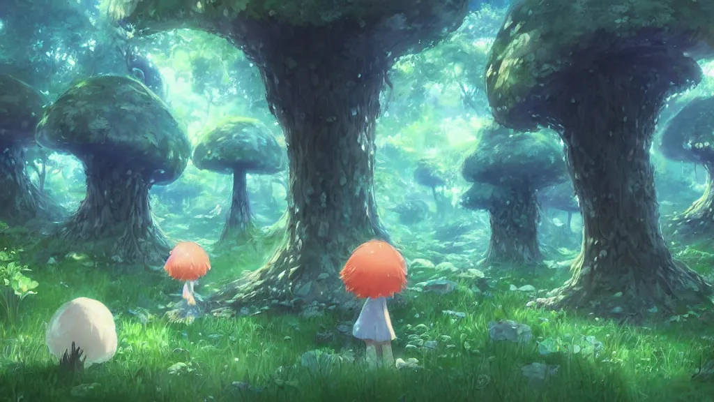 Prompt: cute monster child in the mushroom forest, concept art by Makoto Shinkai