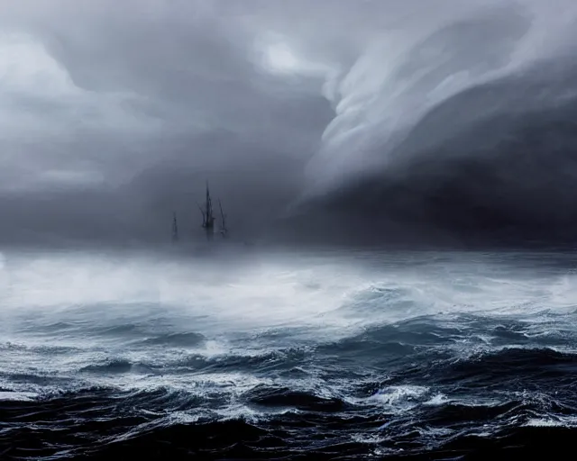 Image similar to photo of a big ship on a stormy ocean, cthulhu's silhouette in the back hidden in the fog, coming closer