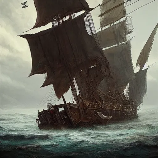 Image similar to detailed pirate ship made out of feathers by greg rutkowski, enigmatic atmosphere, beautiful and cinematic lighting, artstation hq.