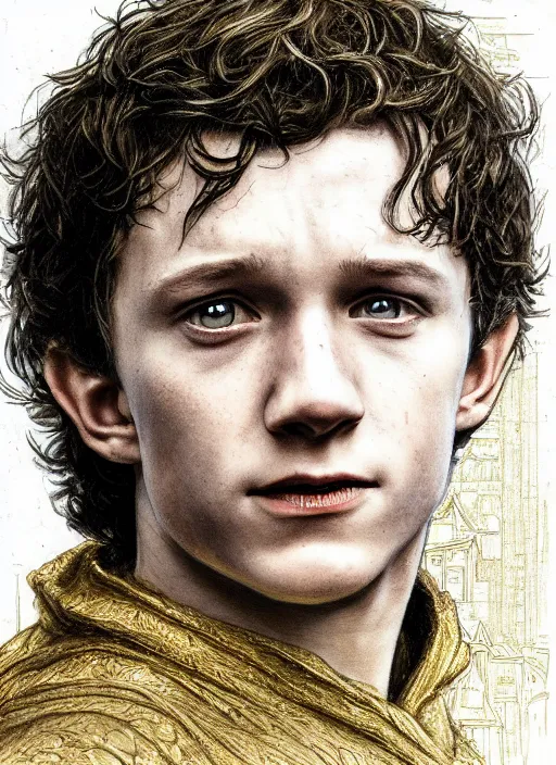 Image similar to portrait of tom holland as frodo, hobbit wearing a gold ring with engravings on his finger, by alan lee, lord of the rings, smooth, detailed terrain, oil painting, matte painting, concept art, trending on artstation, promotional artwork, film still, elegant, photorealistic facial features, intricate, detailed face, cinematic lighting