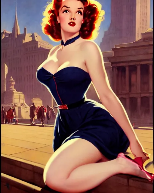 Image similar to pinup photo of hermione jean granger in the crowded square of the city, by greg rutkowski, gil elvgren, enoch bolles, glossy skin, pearlescent, very coherent, flat