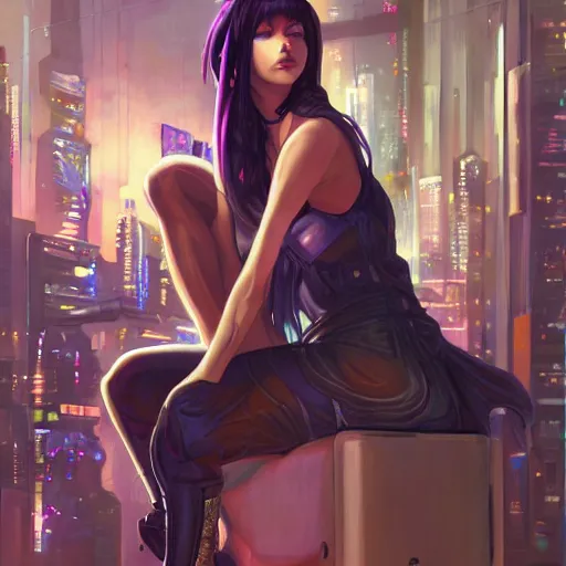 Prompt: a painting of a woman sitting on a stool, cyberpunk art by masamune shirow, pixiv contest winner, fantasy art, enchanting, detailed painting, storybook illustration