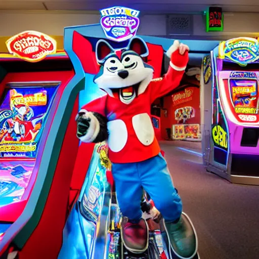 Prompt: professional photo of Chuck E. Cheese mascot, Avenger version, playing an arcade machine, high quality