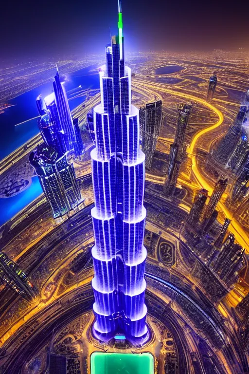 Prompt: neon streets of dubai burj khalifa, 4 k, award winning photo