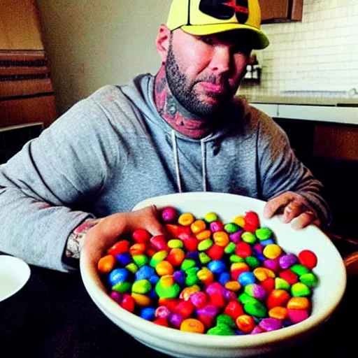 Image similar to “ fred durst eating a giant bowl of skittles ”