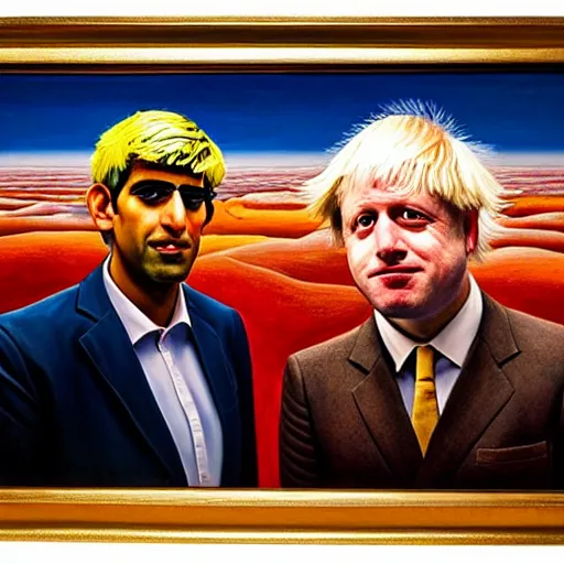 Prompt: rishi sunak and boris johnson on mars, abstract oil painting by gottfried helnwein pablo amaringo raqib shaw zeiss lens sharp focus high contrast chiaroscuro gold complex intricate bejeweled