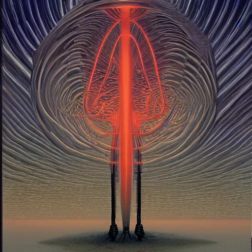 Prompt: ancient technology artifact with glowing parts in the dark, by wayne barlowe and santiago calatrava