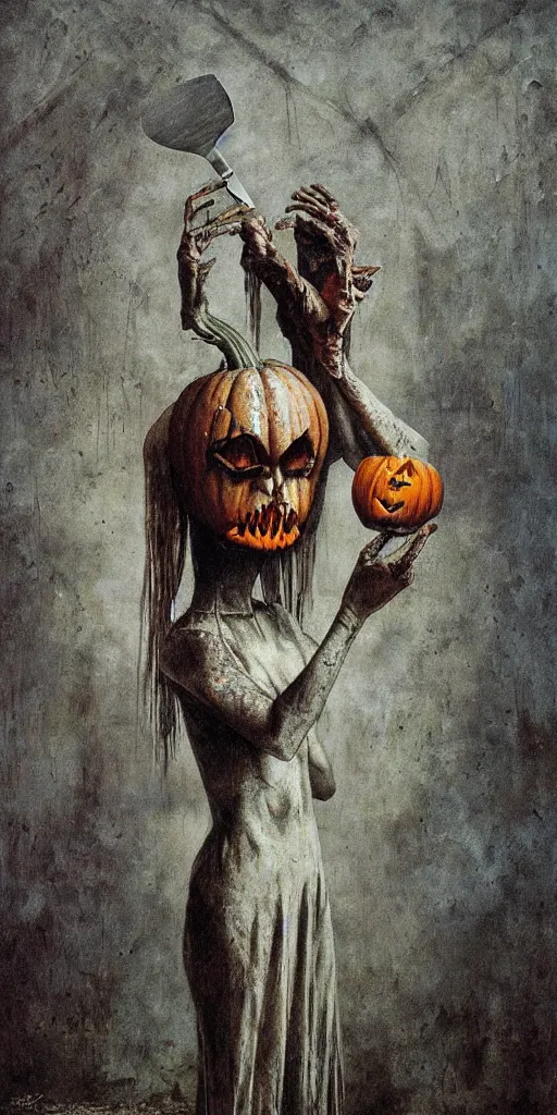 Prompt: a magic surrealism painting of a pumpkin head woman holding a knife 🔪 stands in an abandoned asylum, beksinski, dariusz zawadzki