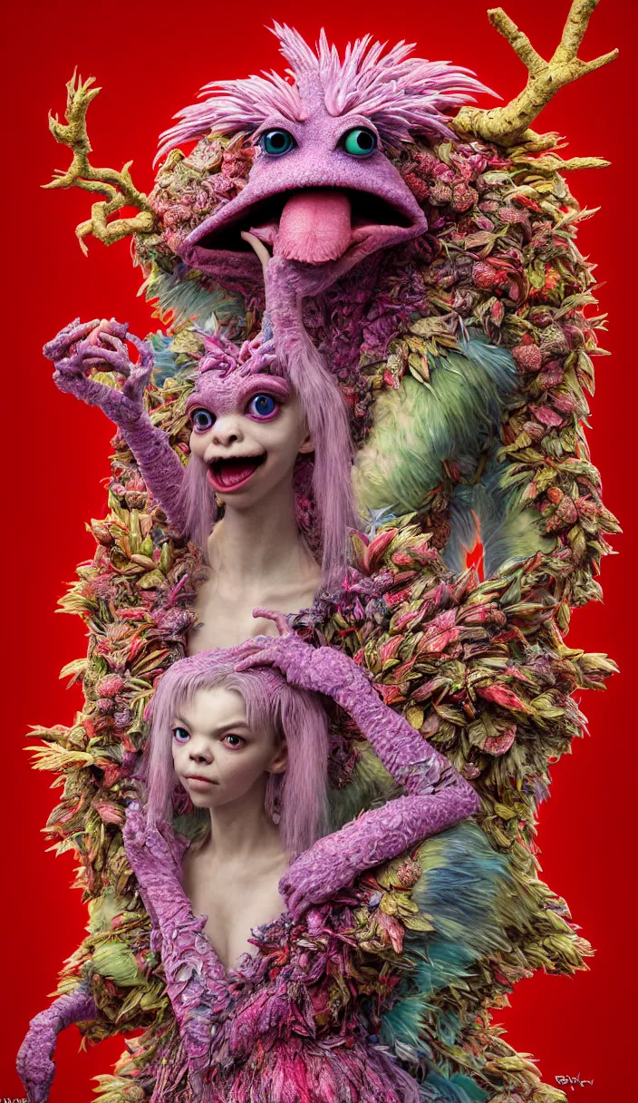 Prompt: hyper detailed 3d render like a Oil painting - kawaii portrait Aurora (a beautiful skeksis muppet queen from dark crystal that looks like Anya Taylor-Joy) seen red carpet photoshoot in UVIVF posing in scaly dress to Eat of the Strangling network of heads that branch off from each other and yellowcake aerochrome and milky Fruit and His delicate Hands hold of gossamer polyp blossoms bring iridescent fungal flowers whose spores black the foolish stars by Jacek Yerka, Ilya Kuvshinov, Mariusz Lewandowski, Houdini algorithmic generative render, Abstract brush strokes, Masterpiece, Edward Hopper and James Gilleard, Zdzislaw Beksinski, Mark Ryden, Wolfgang Lettl, hints of Yayoi Kasuma, octane render, 8k