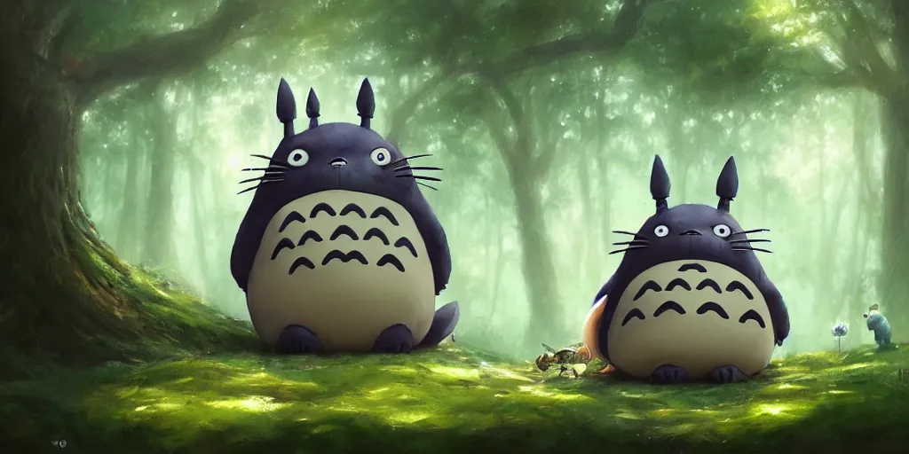 Prompt: Totoro sitting in a forest, fantasy, pixar, high detail, god rays, painting by greg rutkowski, deviantart, trending on artstation, artstationHD, artstationHQ