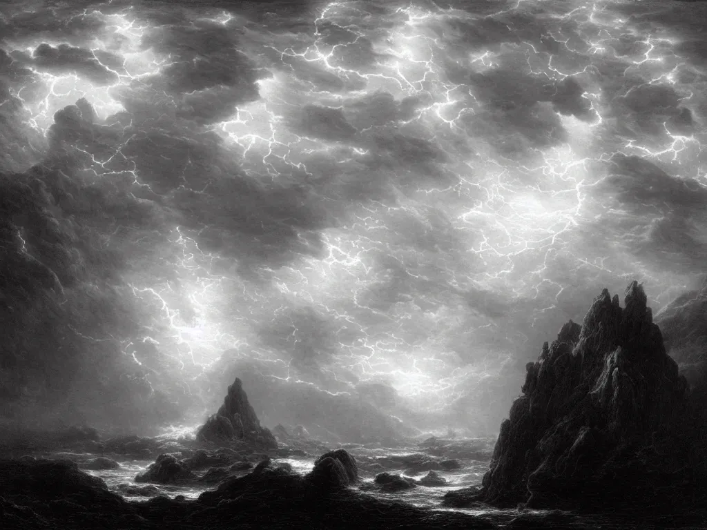 Image similar to very detailed, dark super storm, hyper realistic clouds that resemble large mountains, levitating large rocks. impressive, magical, very atmospheric, fog, cinematic, deep, very high complexity, stunning, dramatic masterpiece, iridescent, chiaroscuro, by gustave dore, caspar david friedrich, ian miller, very detailed. 4 k