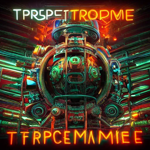 Image similar to album art, tripmachine, album is called tripmachine, photo of a huge steampunk generator, 8 k, fluorescent colors, halluzinogenic, multicolored, exaggerated detailed, front shot, 3 d render, octane