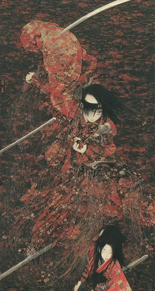 Image similar to Japanese schoolgirl runs away from Samurai with a katana on the subway, high detailed Beksinski painting, part by Adrian Ghenie and Gerhard Richter. art by Takato Yamamoto. masterpiece