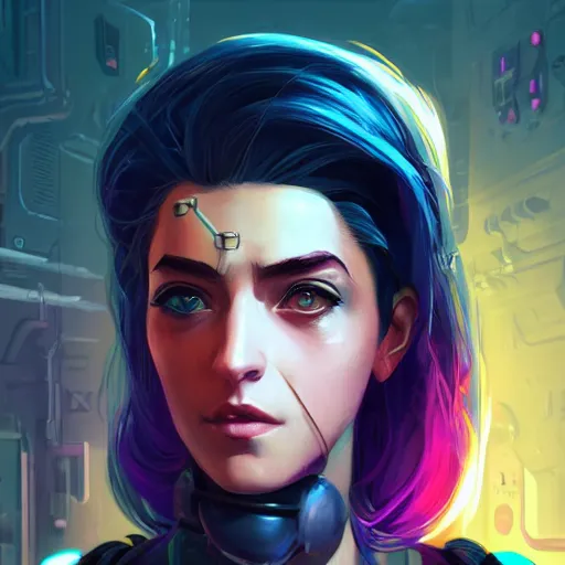 Prompt: female cyberpunk portrait, maya ali mage, gloomhaven, dynamic lighting, gaudy colors, octane render aesthetic, matte painting concept art, official fanart behance hd artstation by jesper ejsing, by rhads and makoto shinkai and lois van baarle and ilya kuvshinov and rossdraws