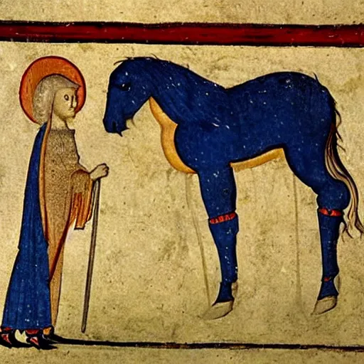 Image similar to medieval painting of a horse by someone who does not know what a horse looks like.