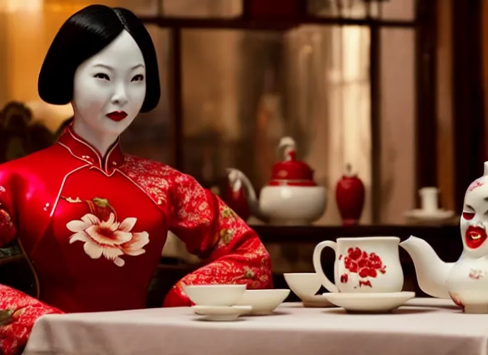 Prompt: movie still of a beautiful woman made out of porcelain sitting at a table in a cafe, wearing a red cheongsam, smooth white skin, creepy, tea set in foreground, directed by Guillermo Del Toro