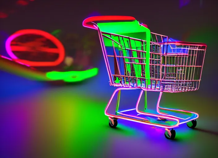 Image similar to gamer shopping cart, rgb neon lights, high resolution, high detail, 8 k