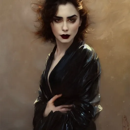 Image similar to detailed realistic cinematic wide shot of beautiful attractive lilly collins vampire woman wearing black bath robe slim face symettrical face clean skin black eyes black robe smooth, sharp focus, ultra realistic, spring light, painting by gaston bussiere, craig mullins, j. c. leyendecker